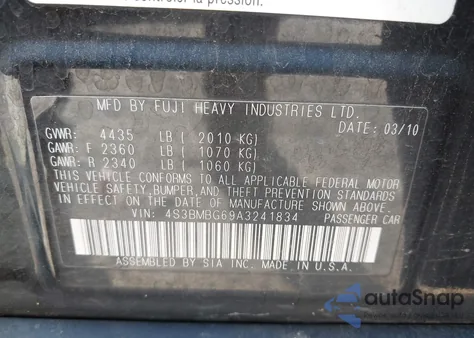 2010 Subaru Legacy 2.5I Premium из США, поврежденный, VIN 4S3BMBG69A3241834